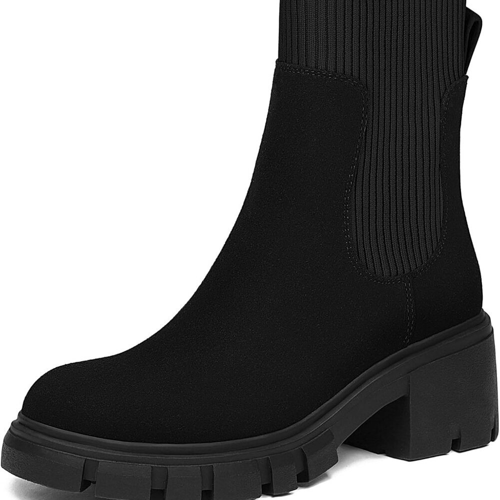 Women's Fashion Slip On Platform Ankle Boots Lug Sole Chunky Booties - Black - S